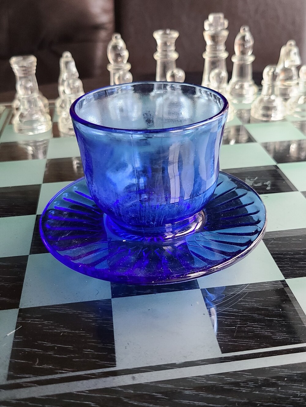 Blue Glass Teacup and Saucer